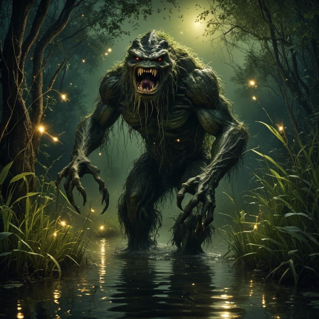 Eerie Swamp Monster Emerges, Gustave Doré Style