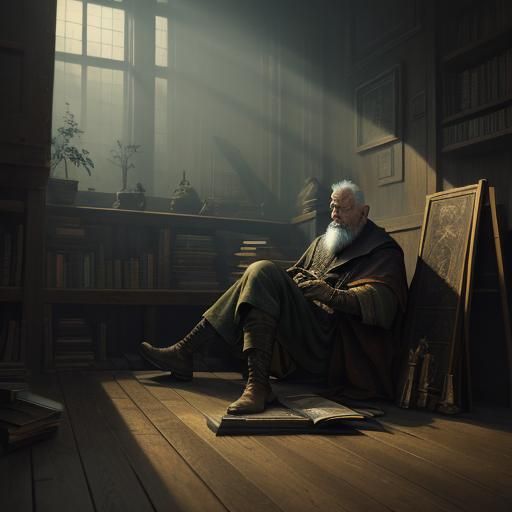 Contemplative Old Man Surrounded by Ancient Tomes