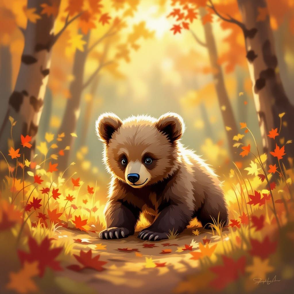 Cute Bear Cub in Sun-Dappled Autumn Forest