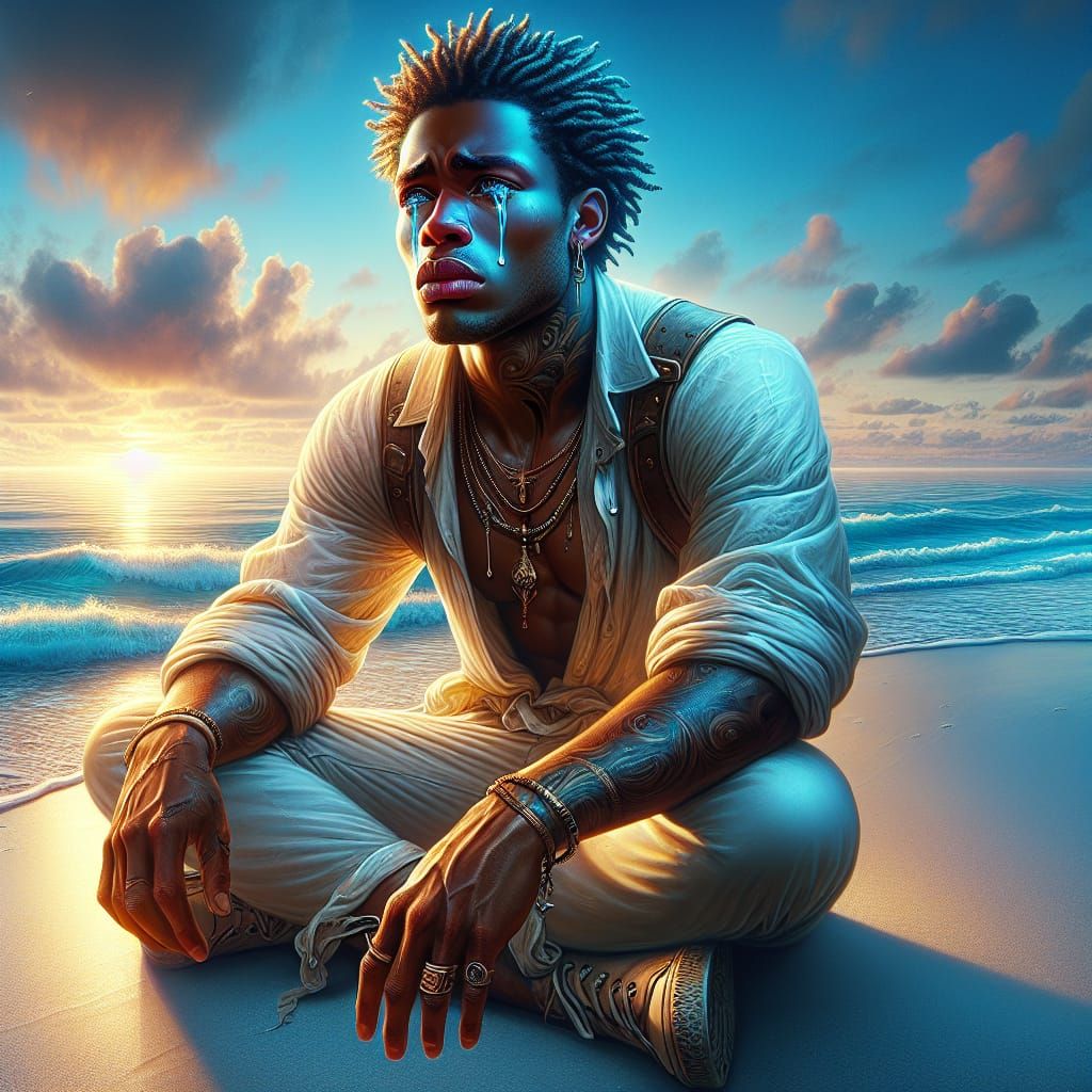 Hyperrealistic Portrait of Artist Kneeling on Beach