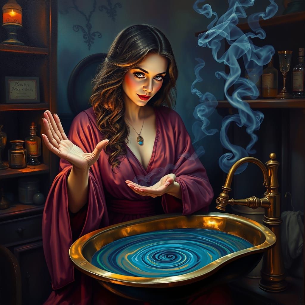 Mystical Woman Consults Palm in Surreal Apothecary Oil Paint...