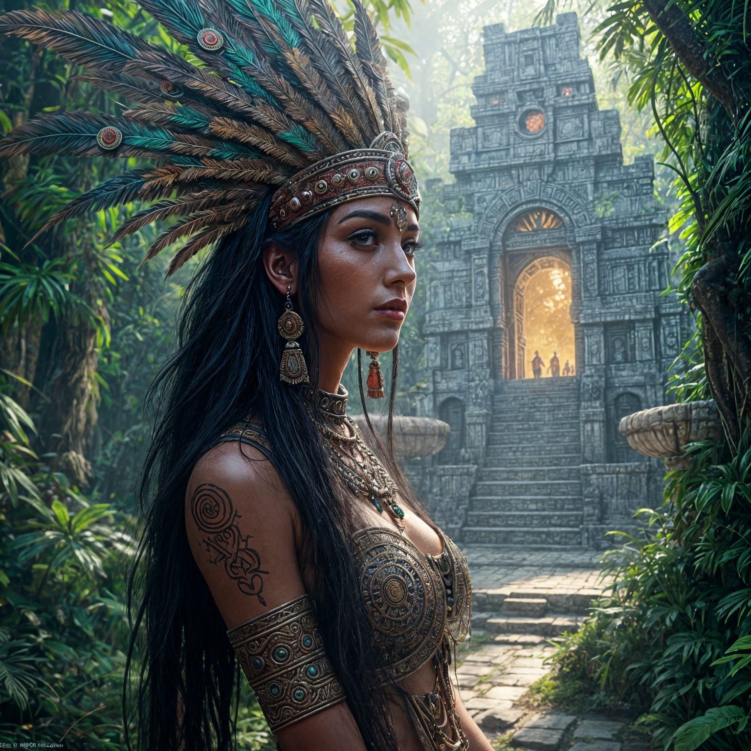 Ethereal Aztec Priestess in a Glowing Jungle Realm