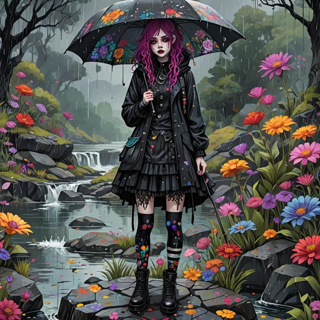 Vibrant Gothic Girl in Grungy Floral Rain Scene