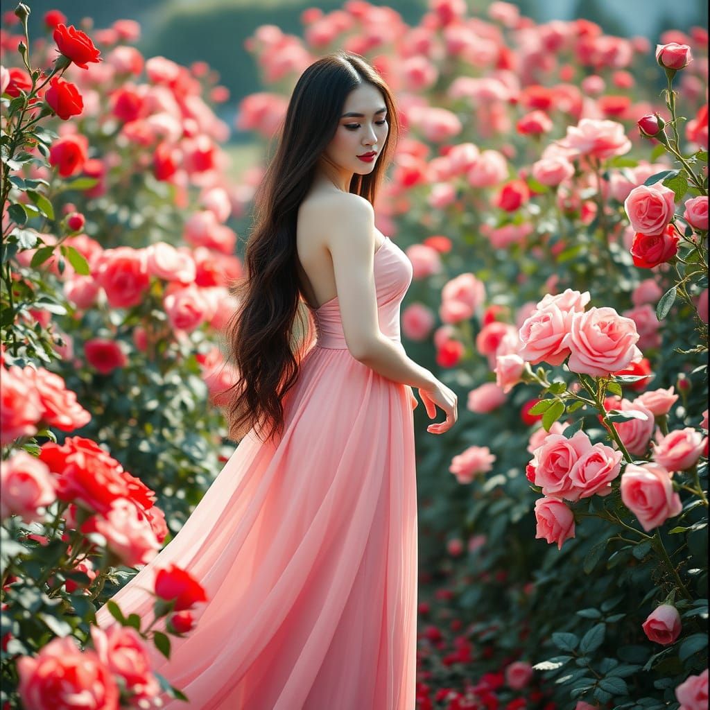 Elegant Chinese Woman in Rose Garden: Cinematic Film Still