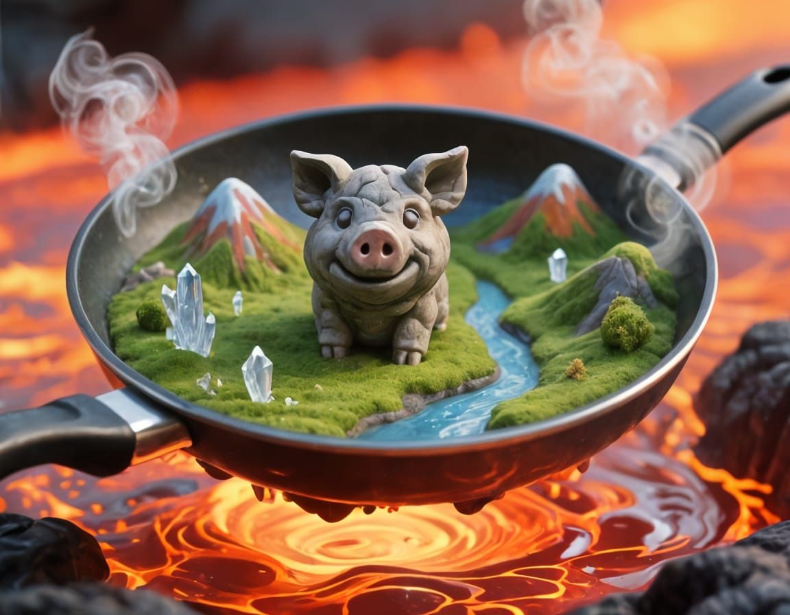 Stone Pig Idol in Frying Pan on Lava Lake
