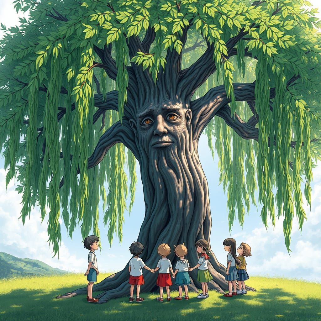 Japanese Willow Tree Spirit in Vibrant Studio Ghibli Art