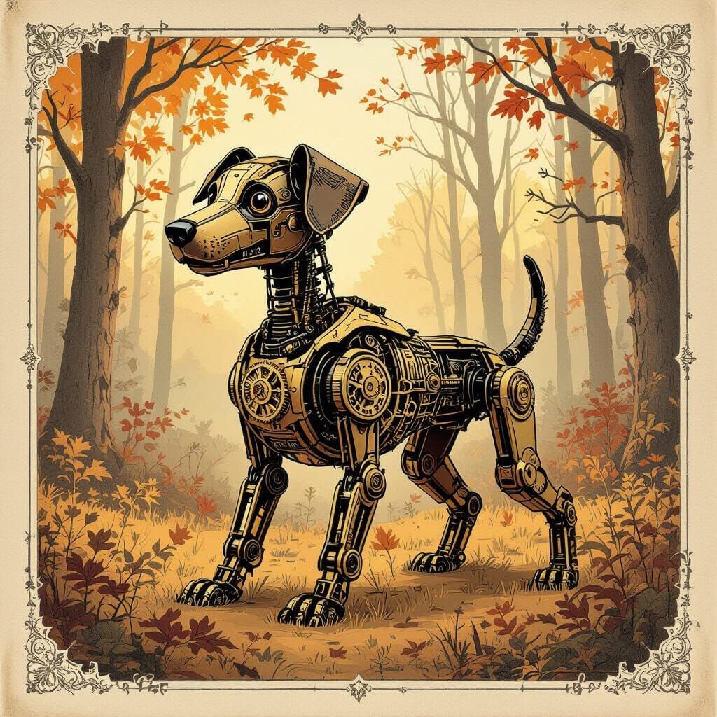 Clockwork Dog in Autumn Forest Vintage Illustration