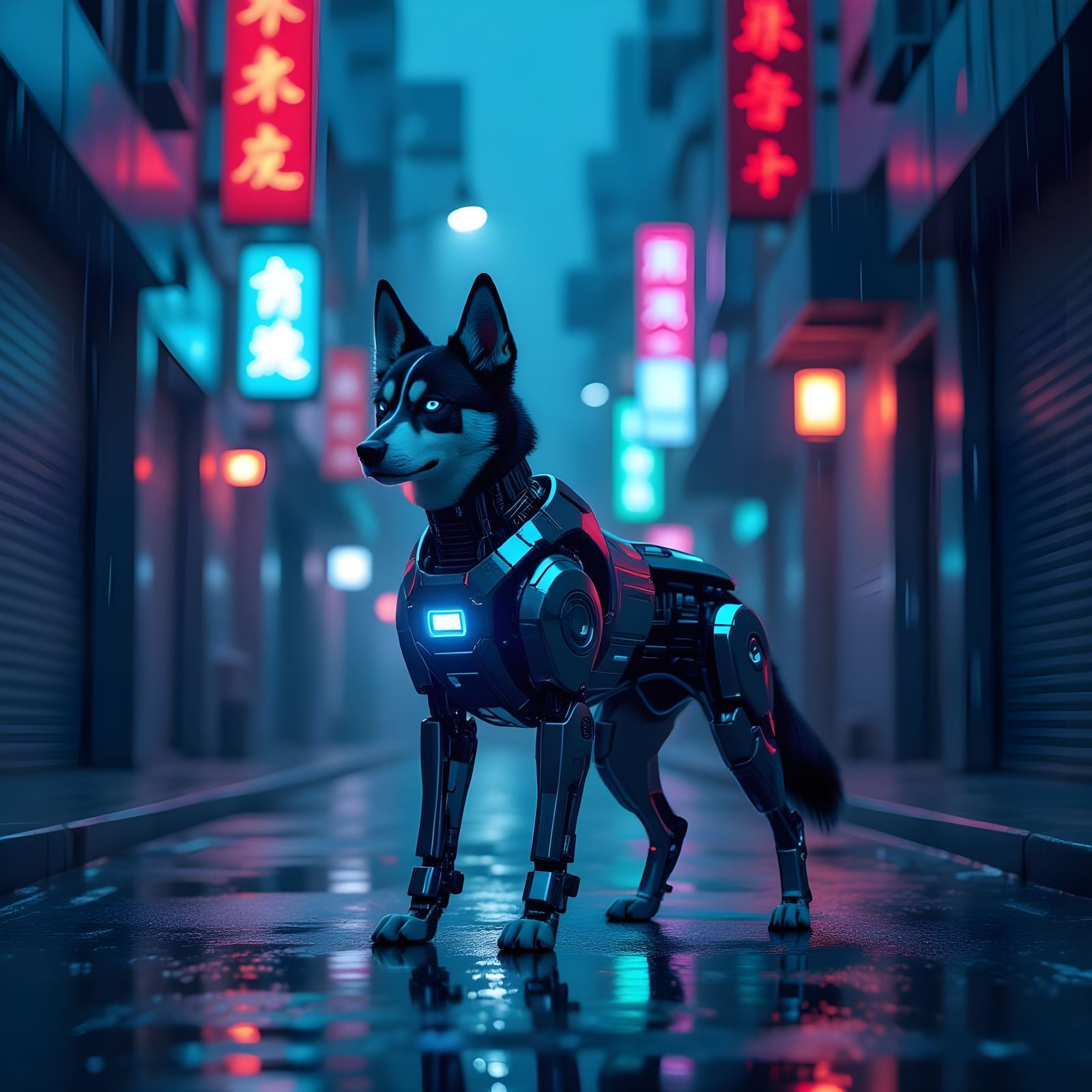 Cybernetic Dog in Neon Alley