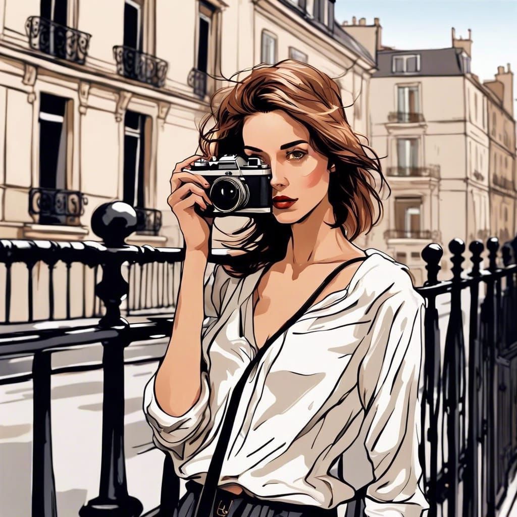 French Girl Photographer on Parisian Street: Digital Art