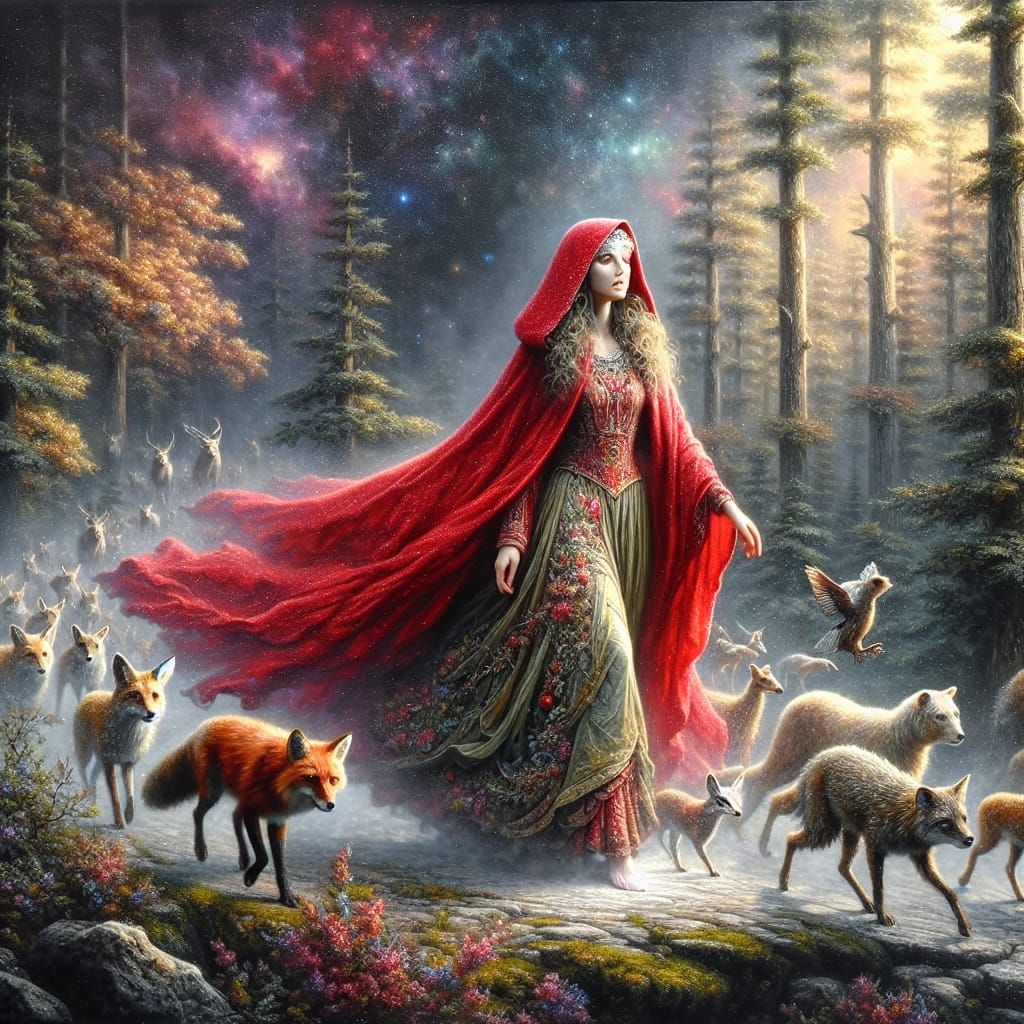 Enchantress in Radiant Red Cloak Steps into Forest Wonderlan...