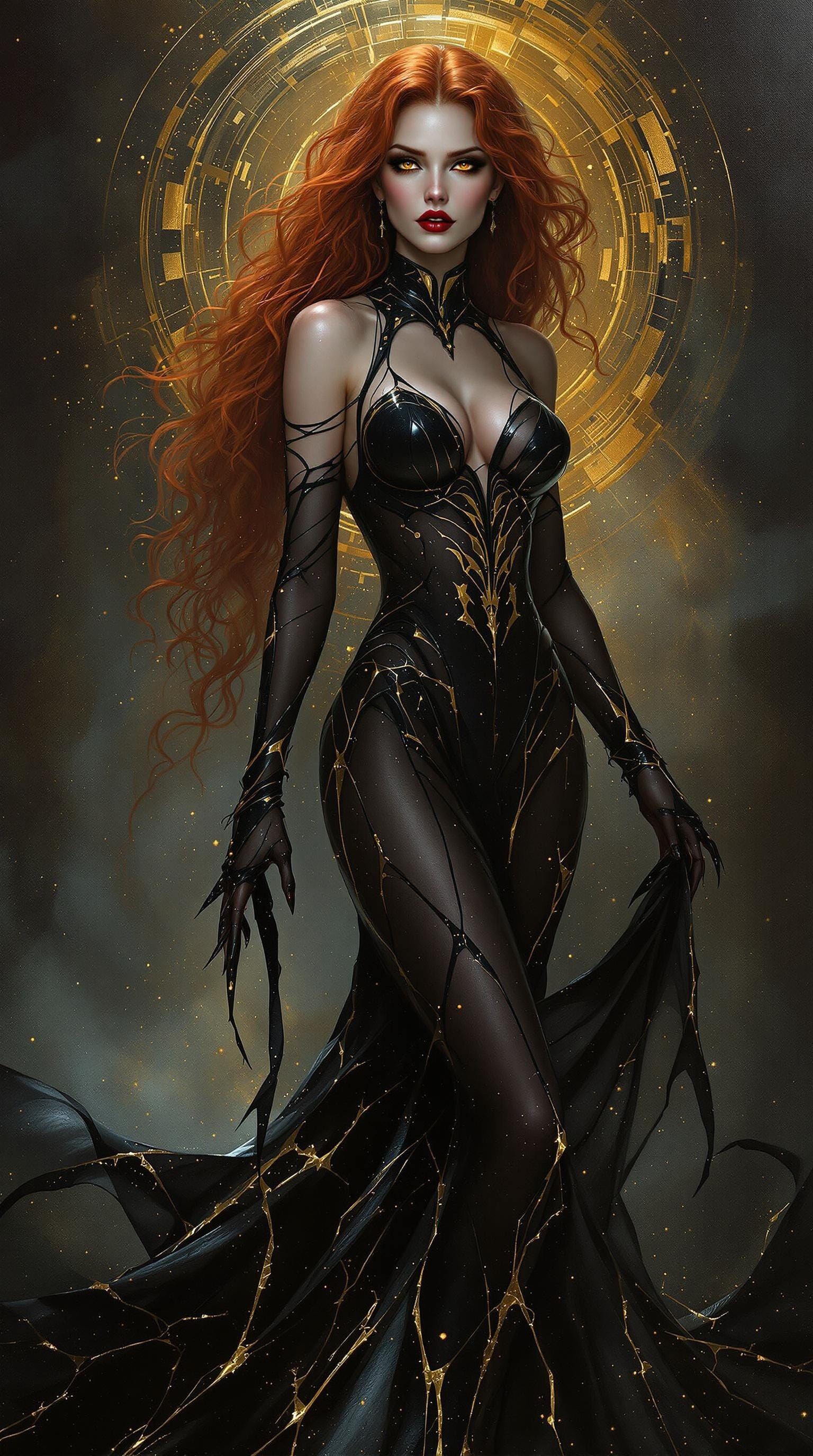 Ethereal Vampiress Queen in Futuristic Black Gown, 2932 AD