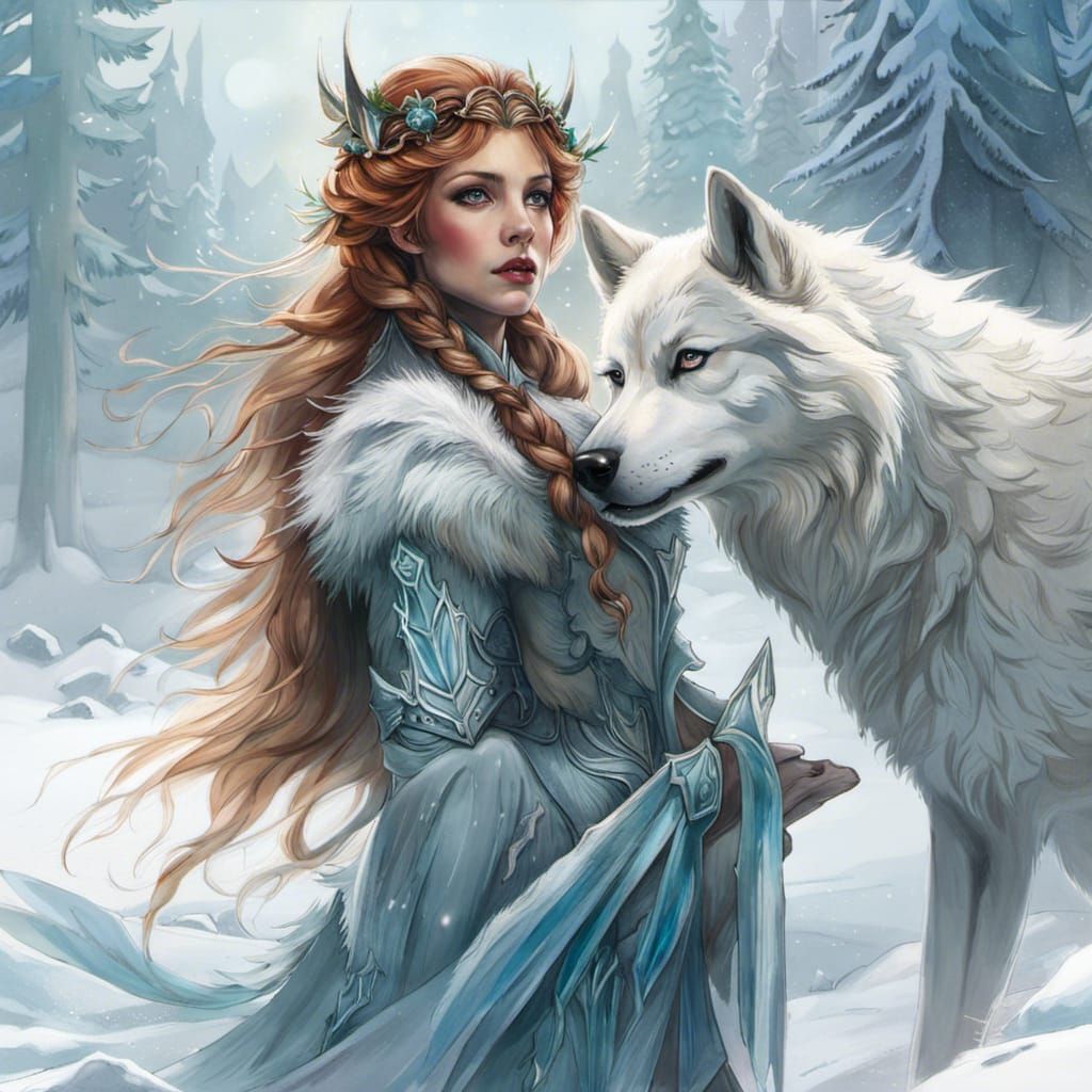 Redhead Ice Queen w Wolf