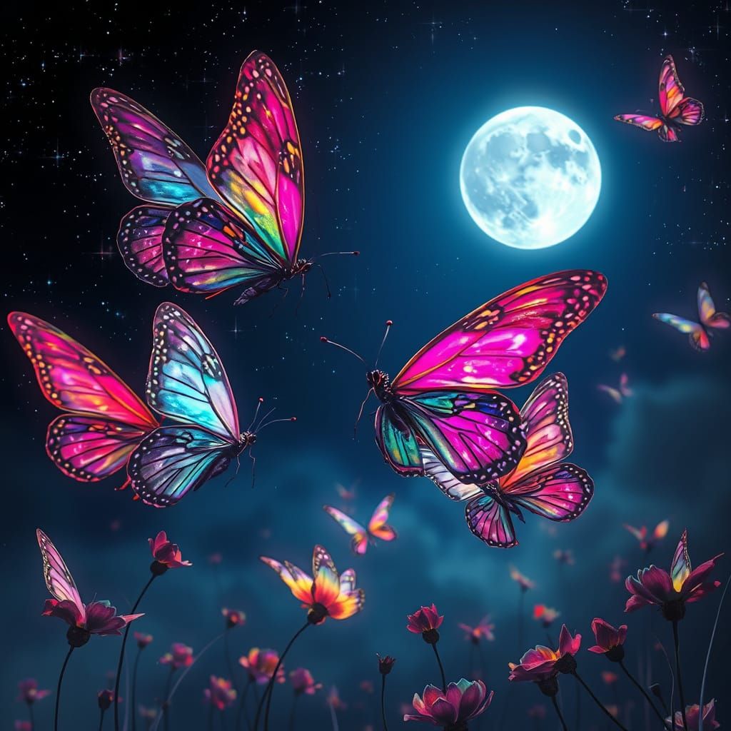 Luminous Butterflies in a Dreamy Night Sky