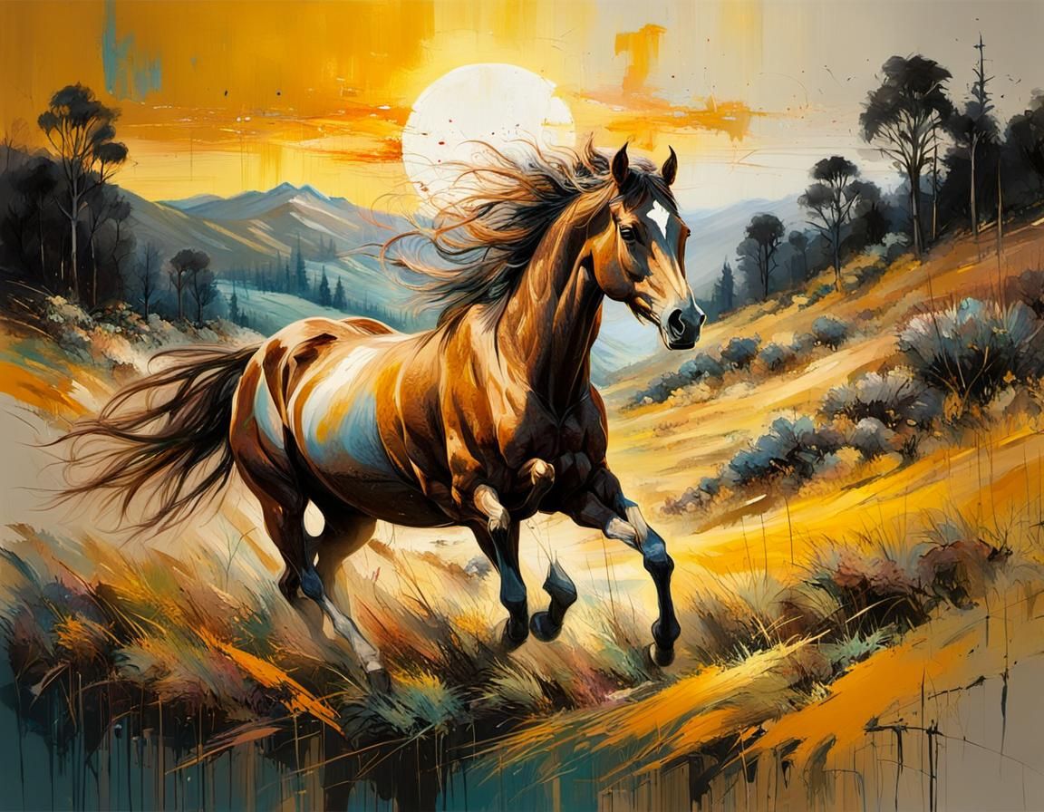 Wild Horses Galloping Through Sun-Kissed Meadow