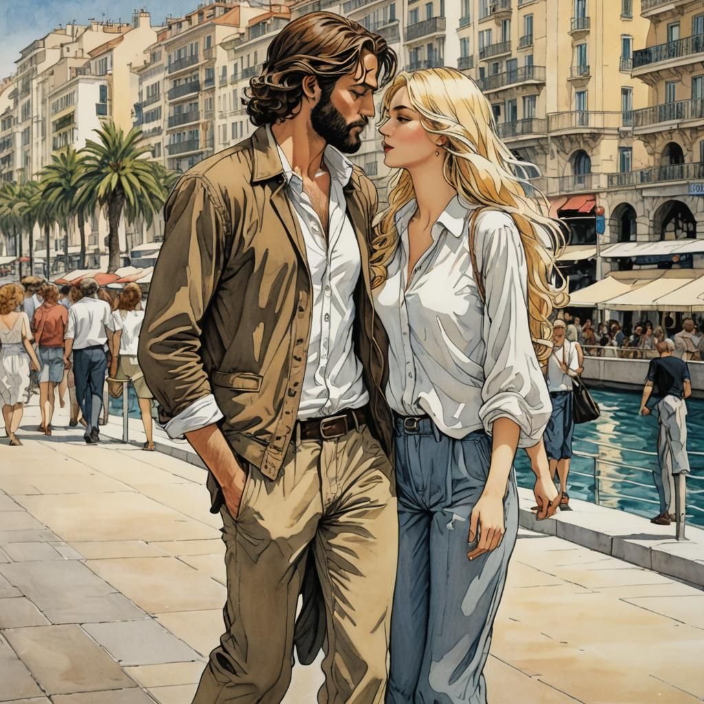 Romantic Couple Embrace on Nice Promenade
