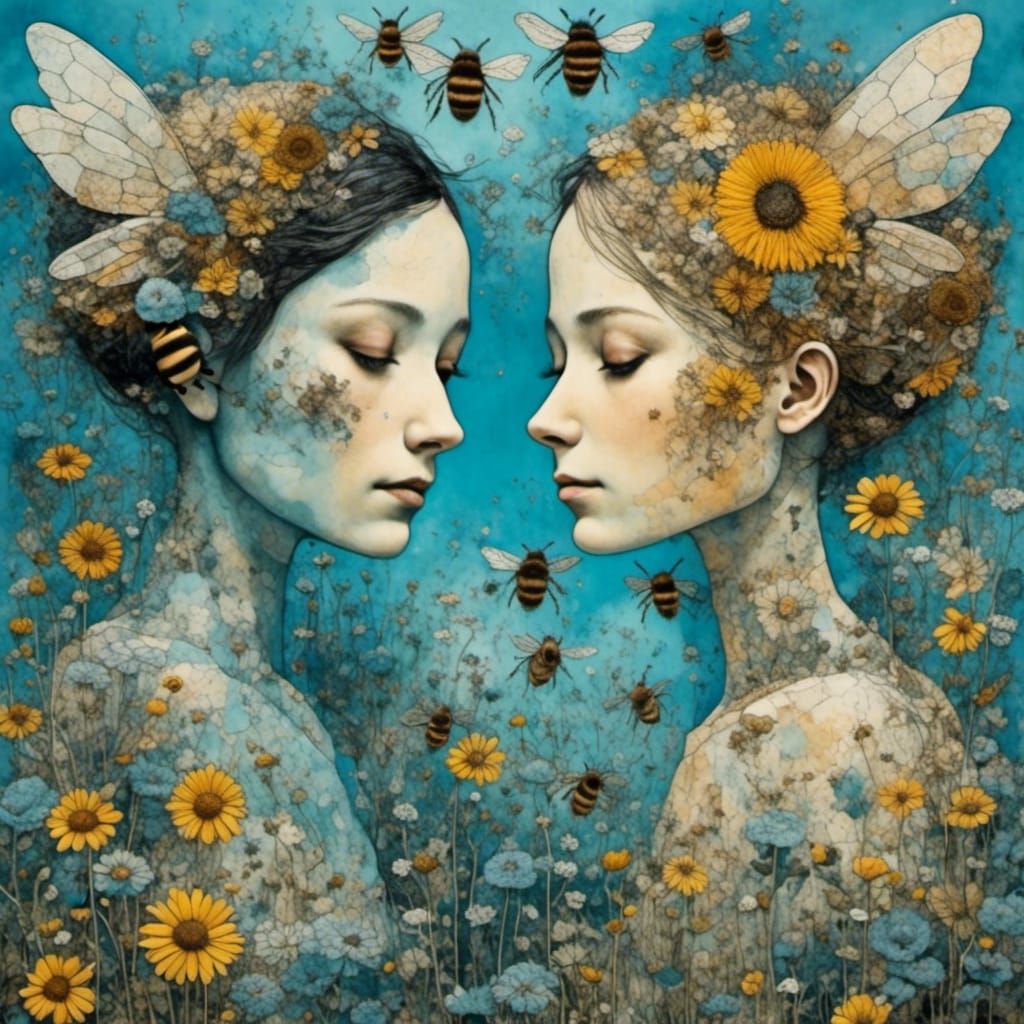 Bees in a Mixed-Media Floral Landscape