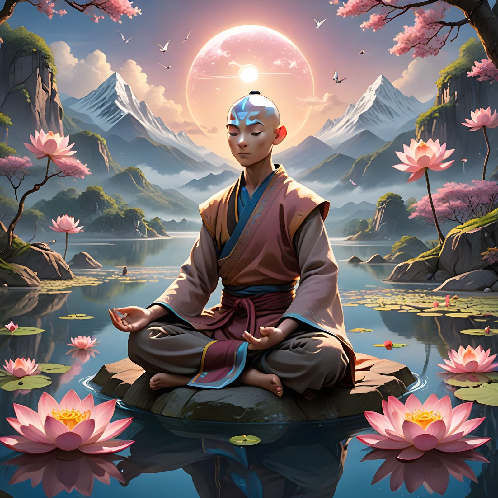 Aang in Serene Lotus Pose Amidst a Dreamlike Mountain Lake