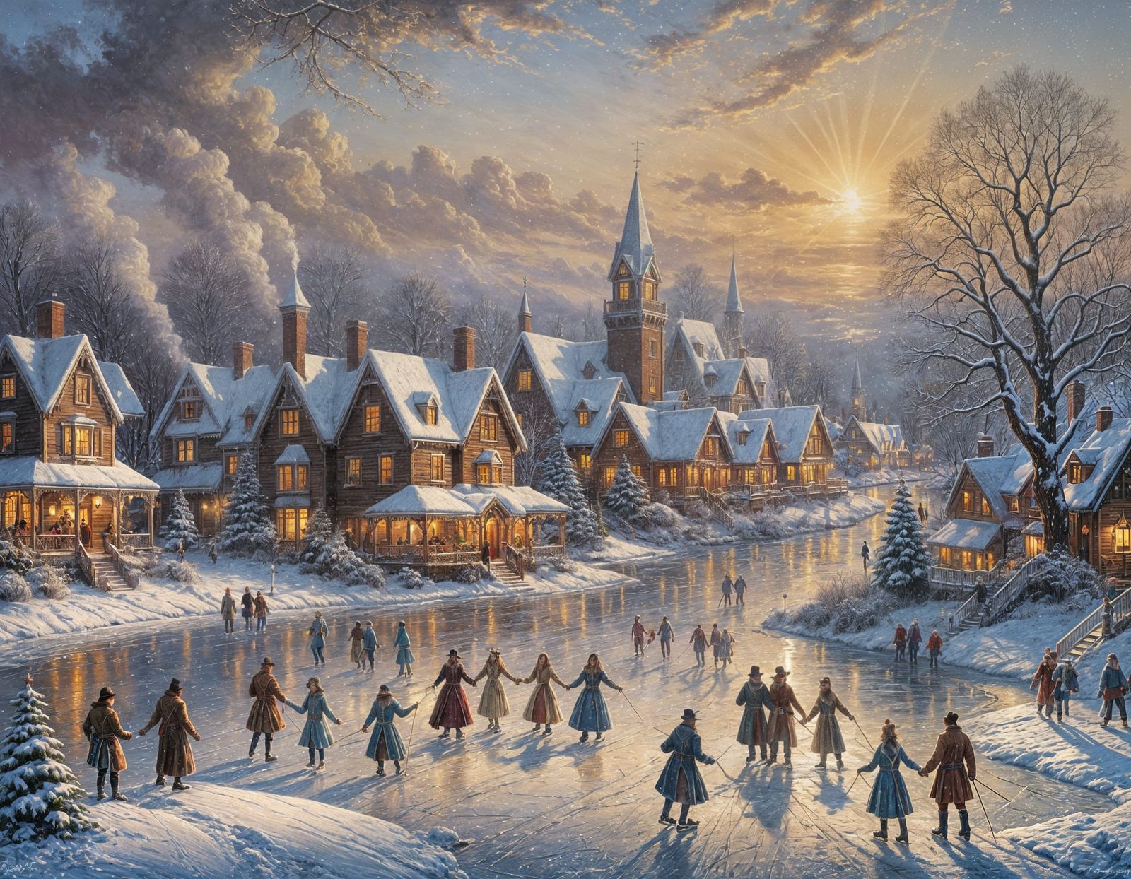 Victorian Christmas Night Skating Scene in Kinkade Style