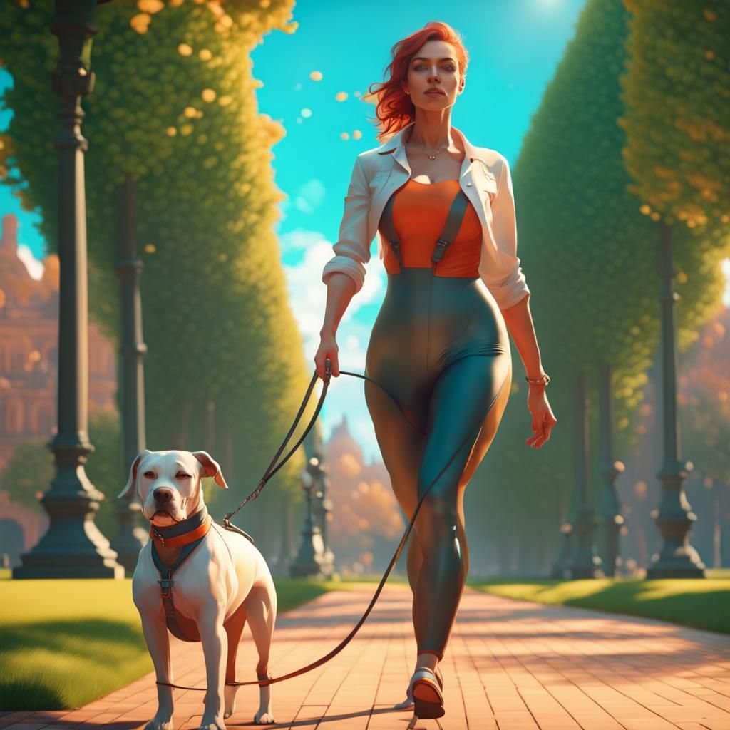Woman Walking Dog in Park, Hyperdetailed Concept Art