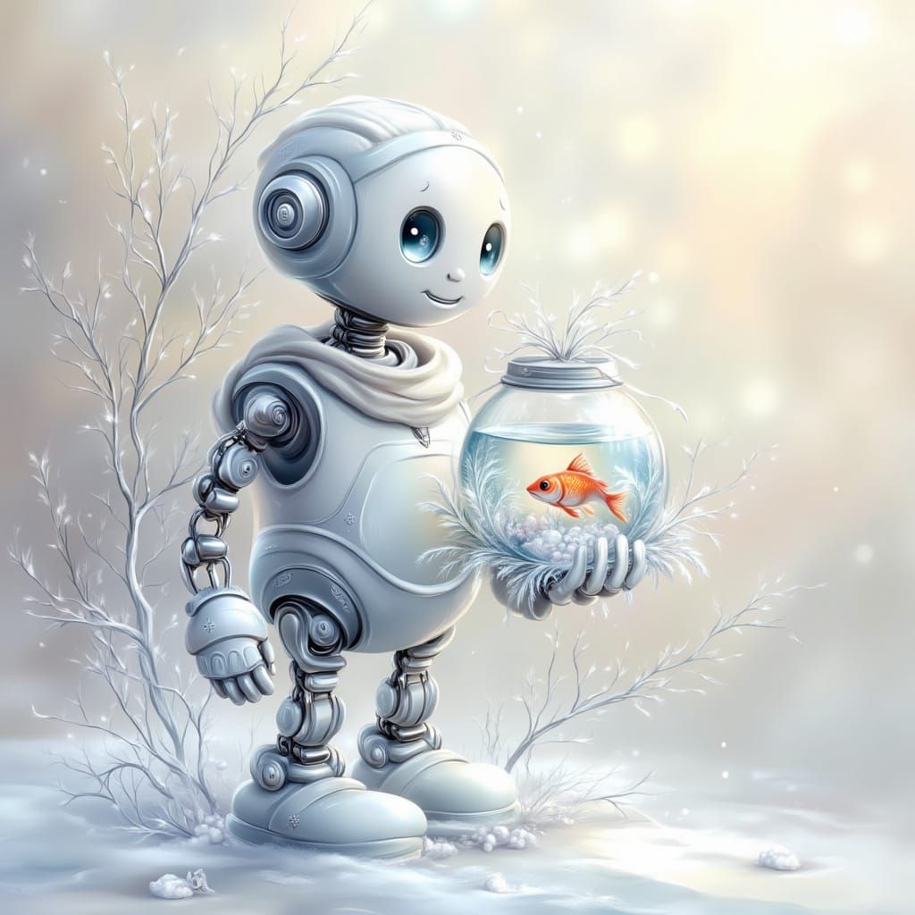 Cute Robot Holding a Fishbowl