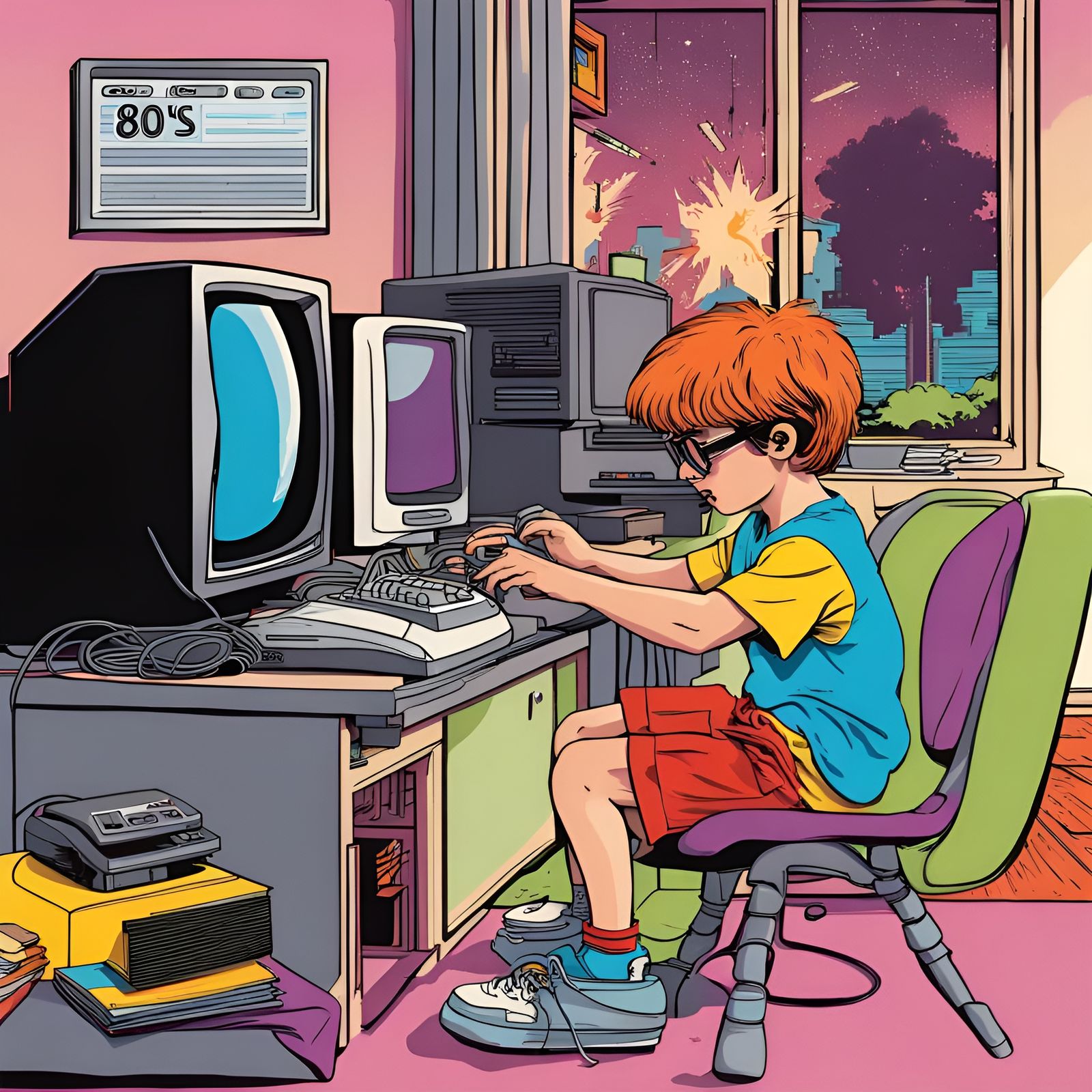 80s Nerd Kid Playing Game: Cartoon Advert Style