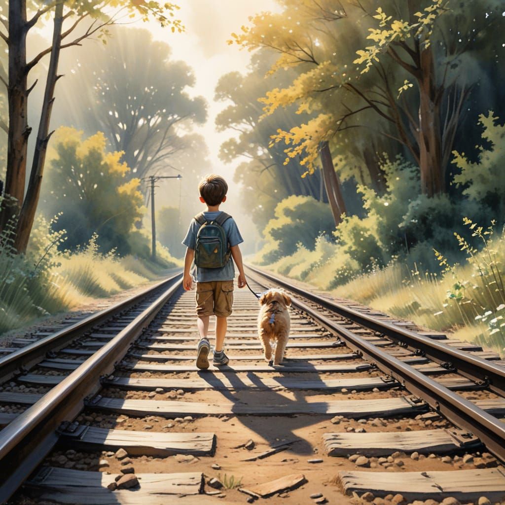 Boy and Puppy Stroll Along Train Tracks in Whimsical Waterco...