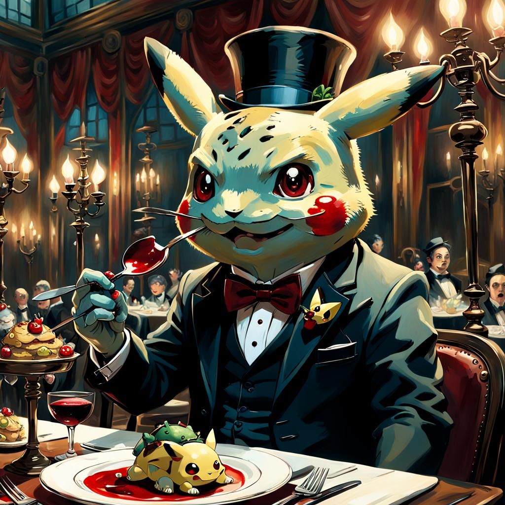 Pikachu's Steampunk Dinner: A Dark Oil Painting