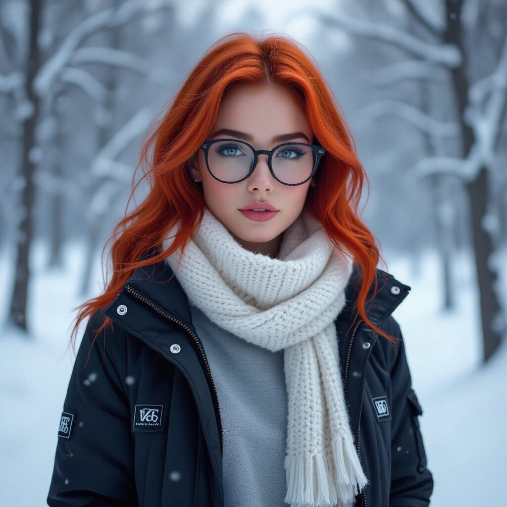 Woman in Snowy Forest with Red Hair and Glasses