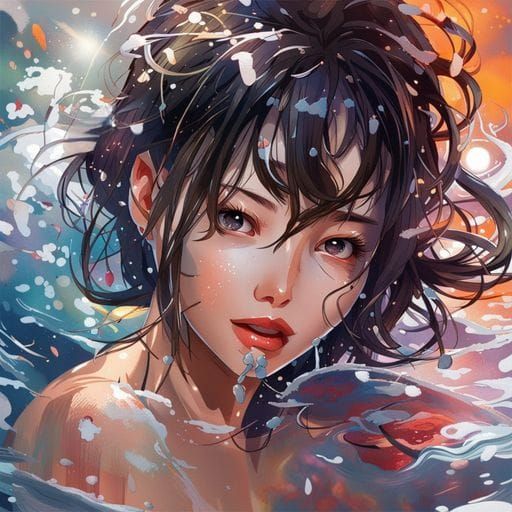 Asian Woman Bathing: Ink Splash Art Beauty