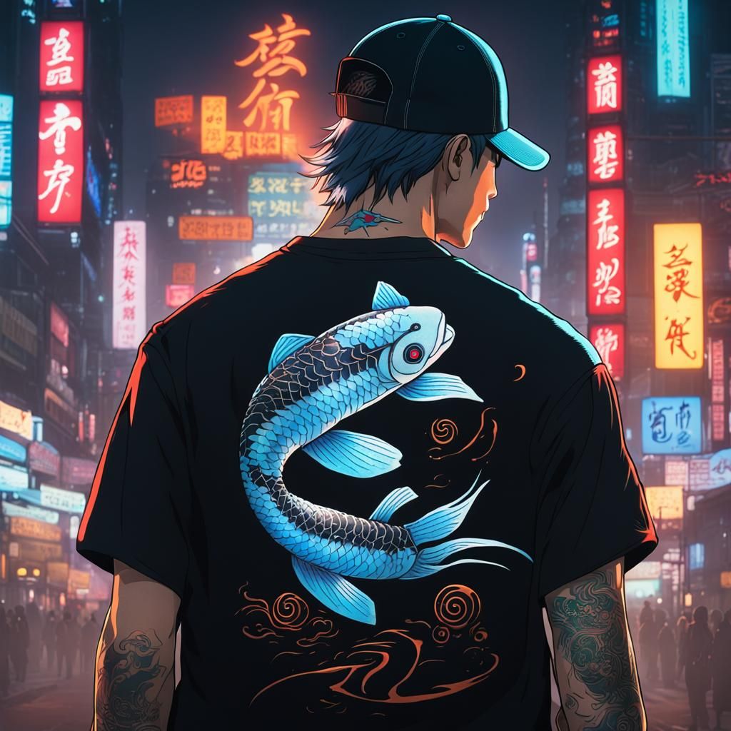 Man with Koi Tattoo in Cyberpunk Tokyo