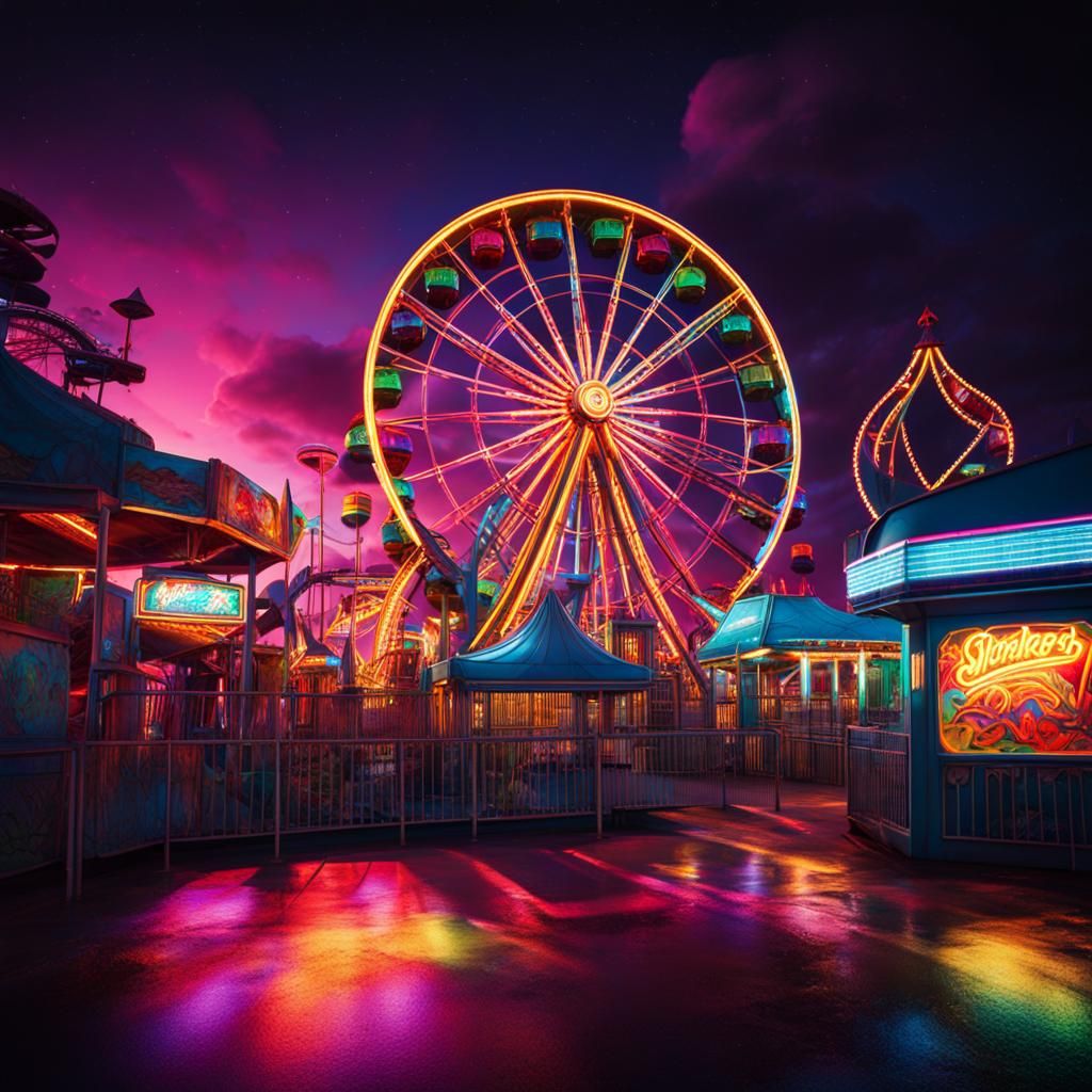 Empty Amusement Park at Night in Splash Art Style