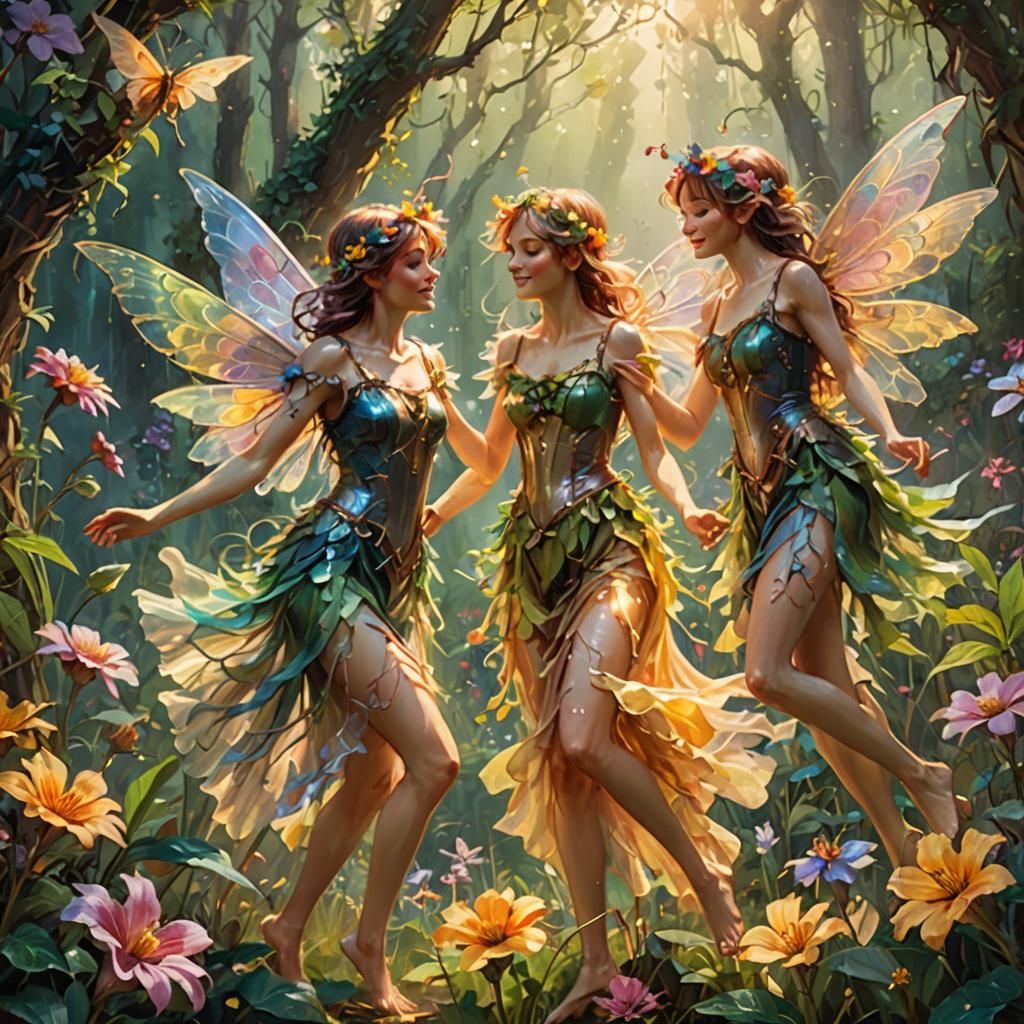 Fantasy Flower Fairies Dancing in Waterhouse Style