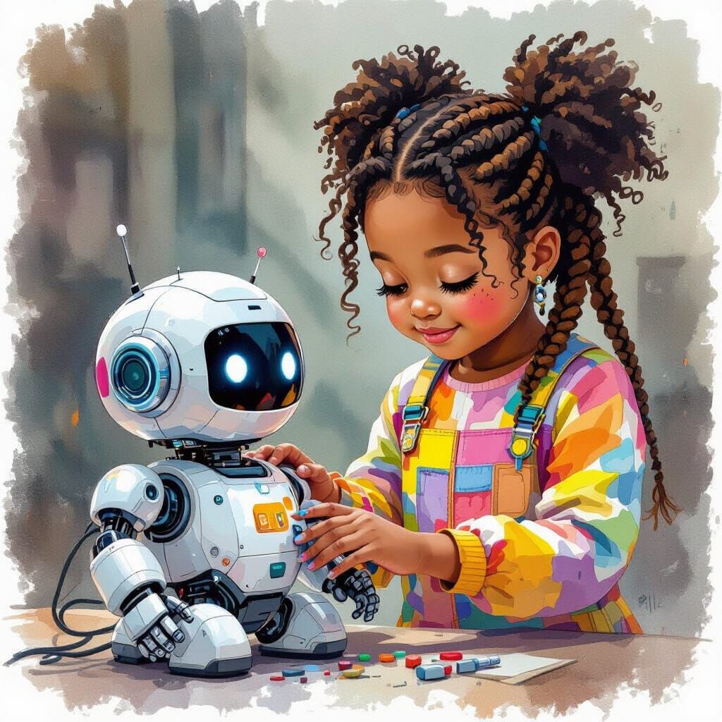 African American Girl Tinkering with Robot, as Watercolor Ar...