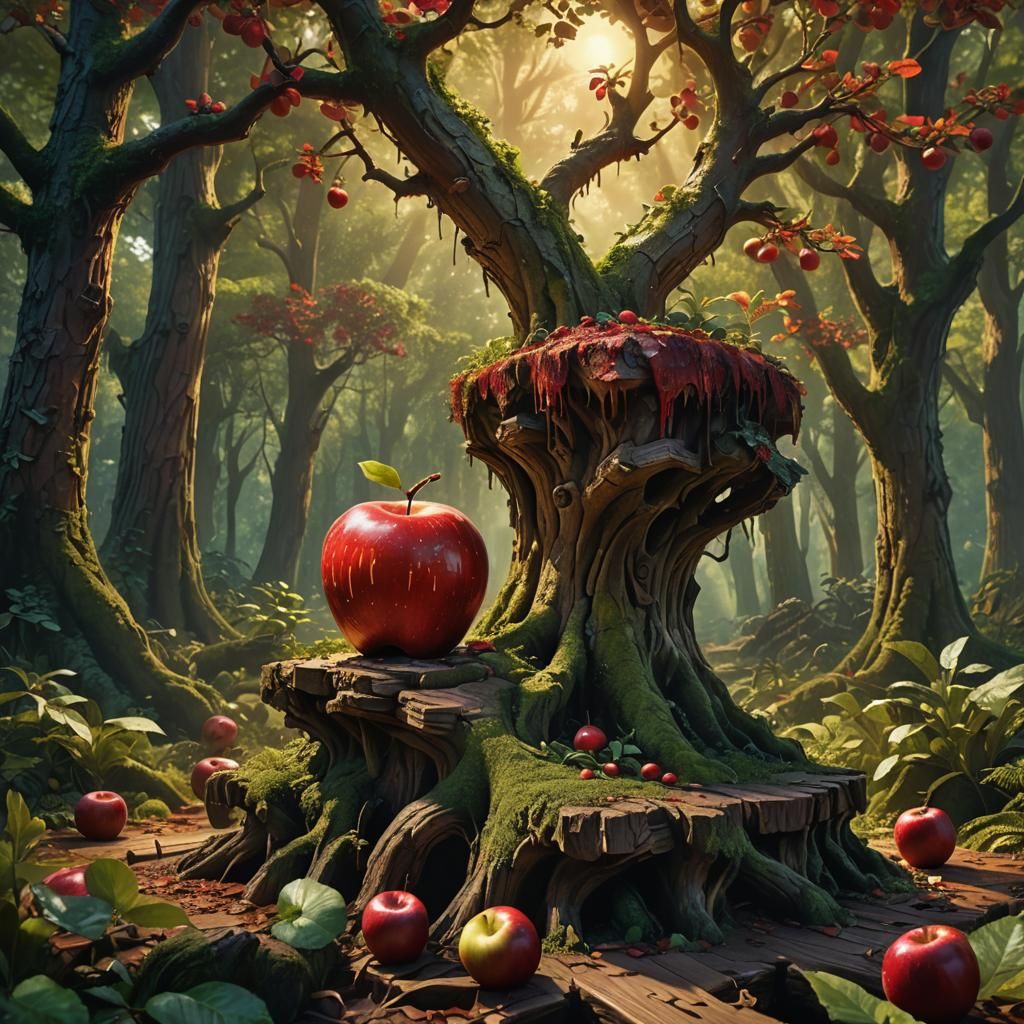 Giant Red Apple in Lush Forest, Matte Painting