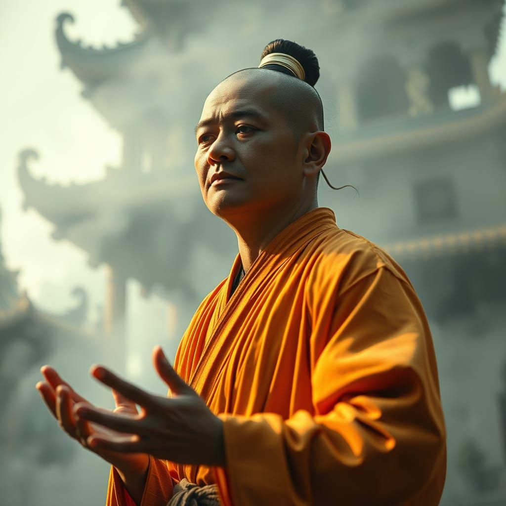 Shaolin Monk in Hypnotic Trance: Dreamy Temple Scene