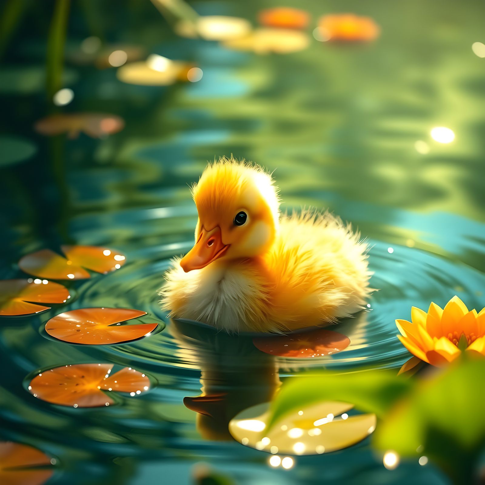 Surreal Hyperrealistic Duckling in a Serene Lake
