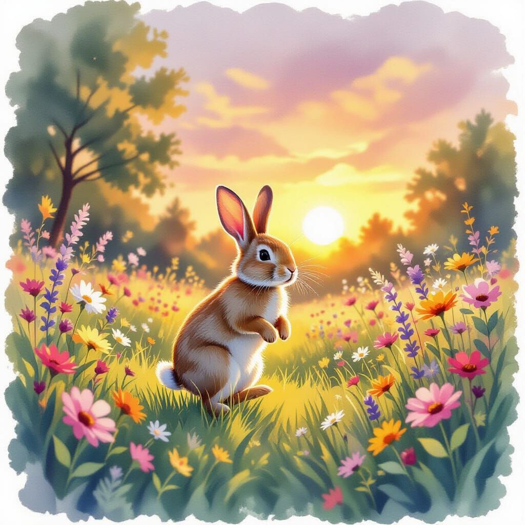 Rabbit Bounces Through Watercolor Garden At Sunset