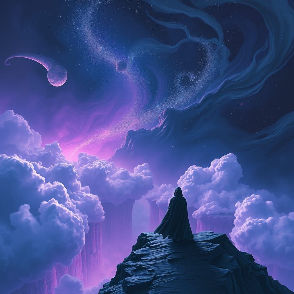 Cloaked Figure Gazing into Starry Abyss