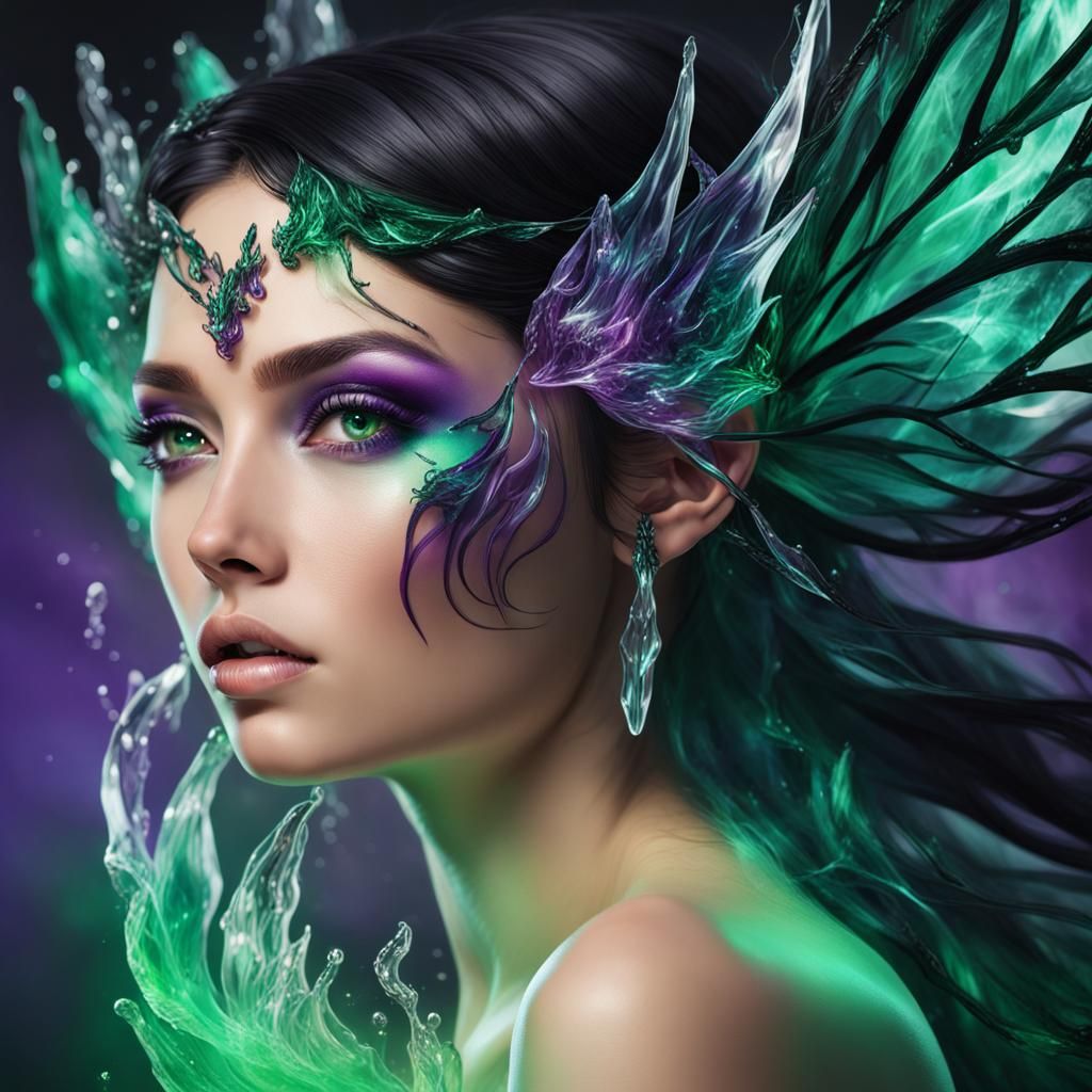 Crystal Fairy with Emerald Flames: Hyperrealistic Portrait