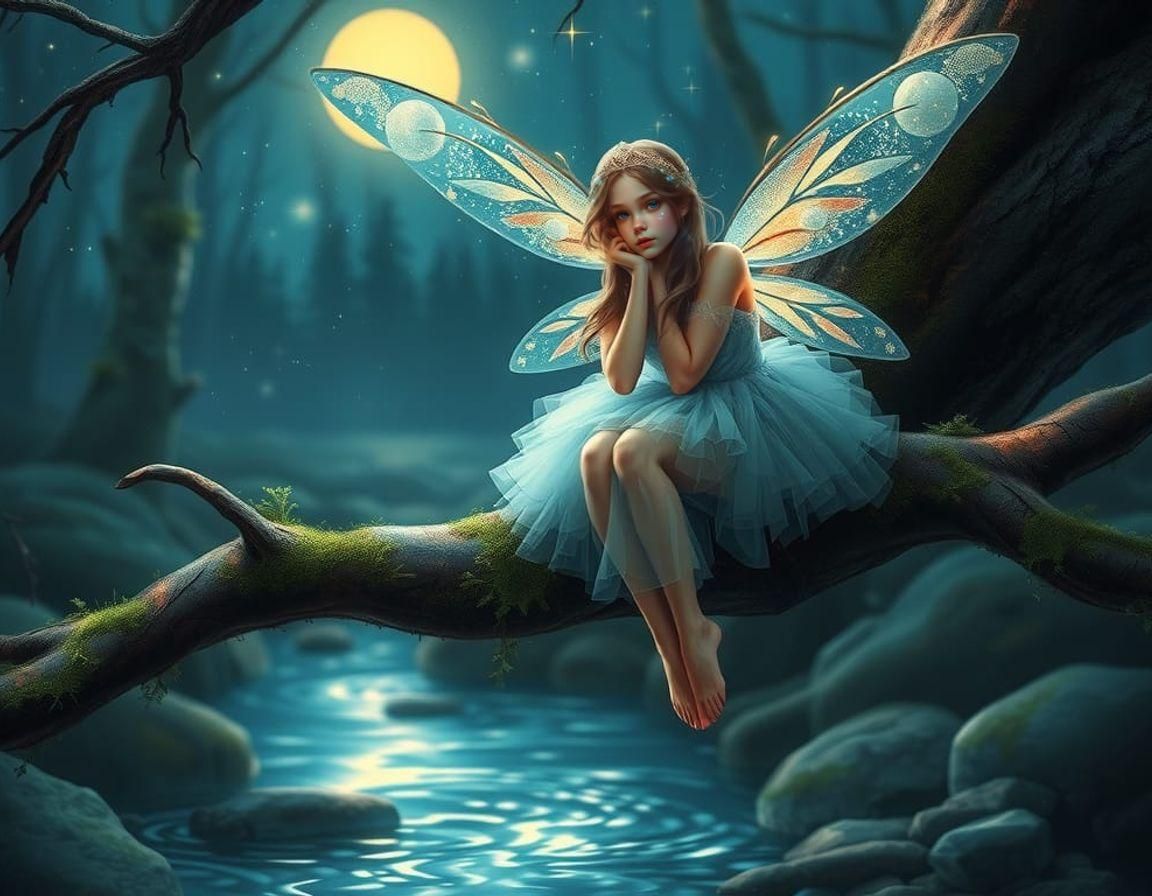 Glittering Fairy on a Branch in Digital Painting Style