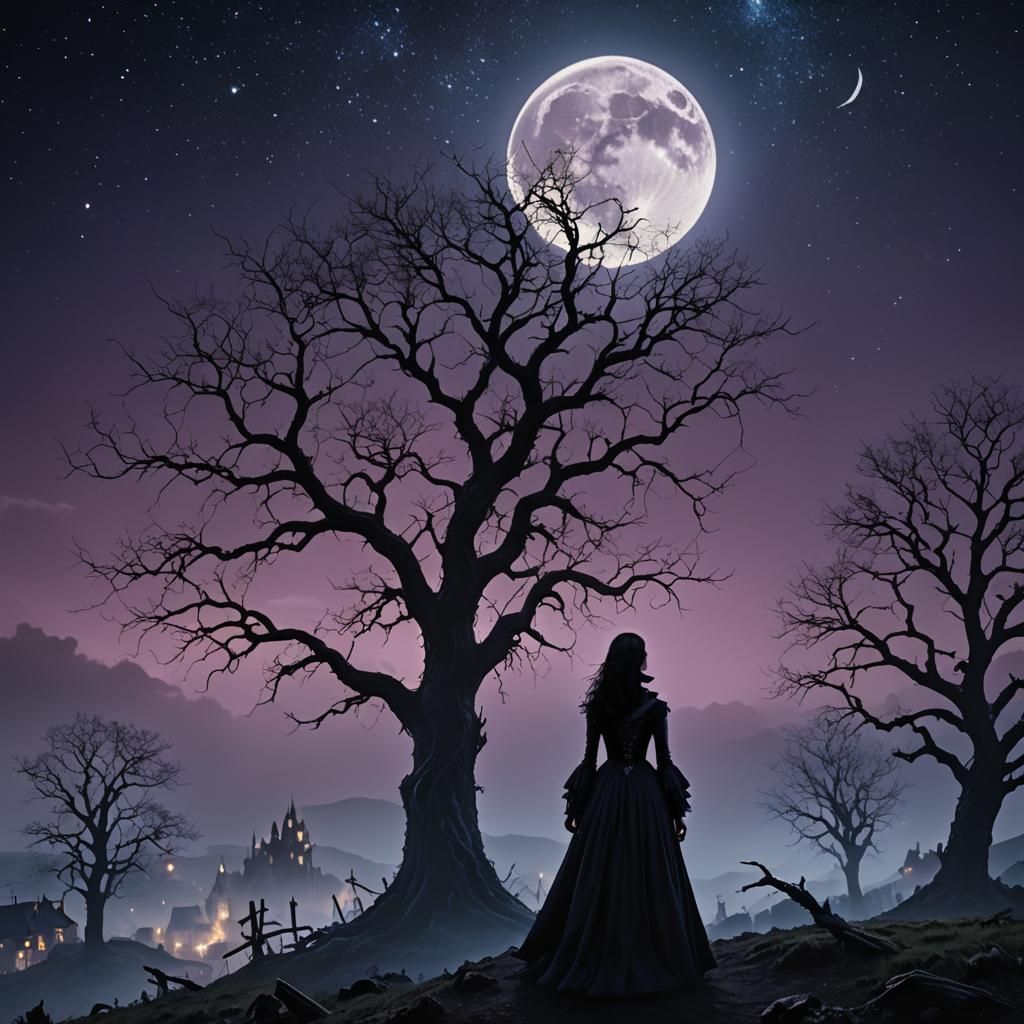 Gothic Woman Overlooking Twisted Village in Starry Night