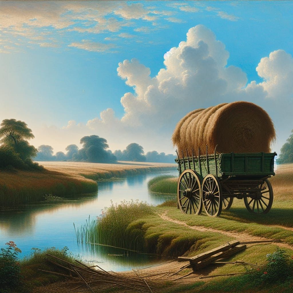 Idyllic River Landscape with Hay Wain, in the Style of Const...