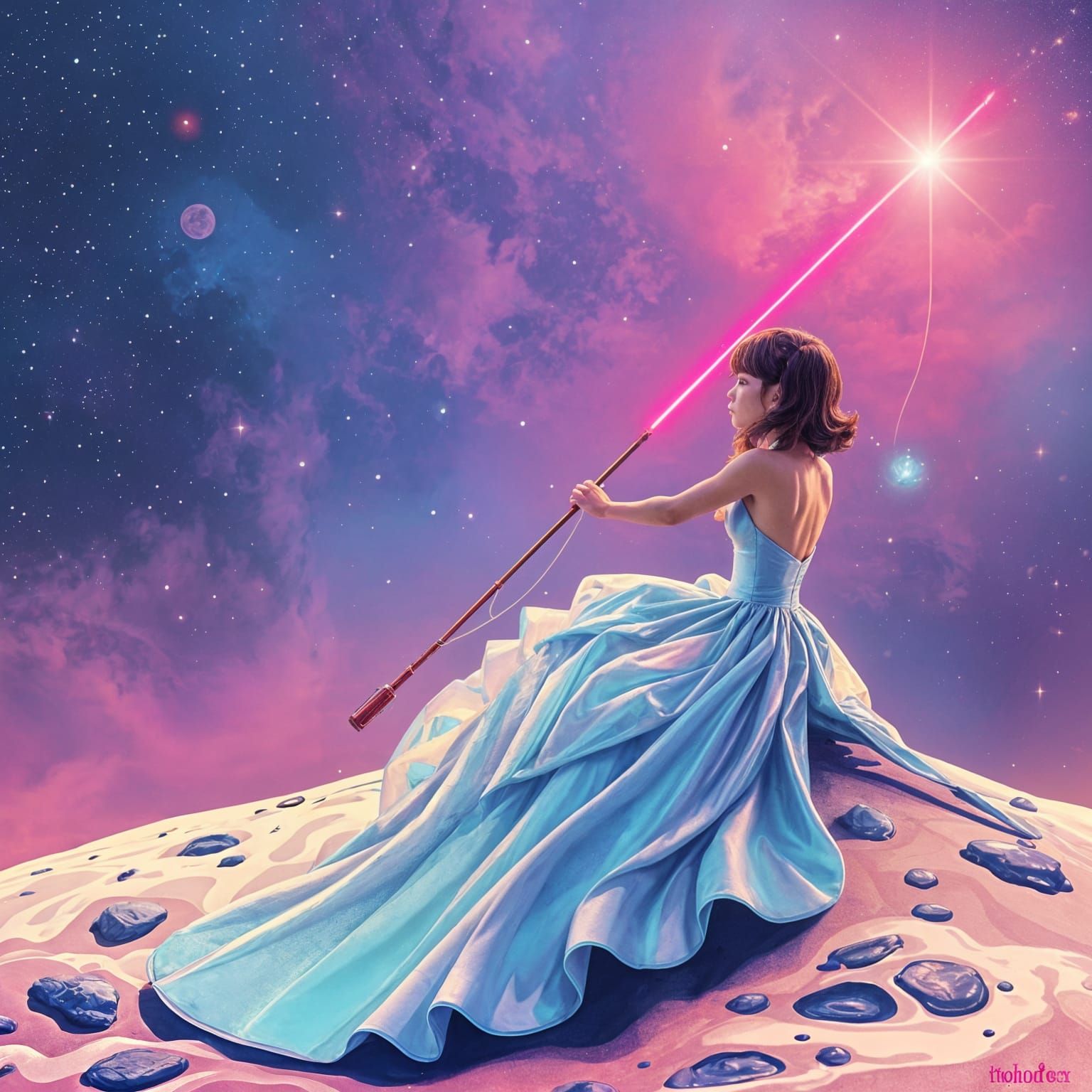 Girl on Moon Fishing Stars in Synthwave Style