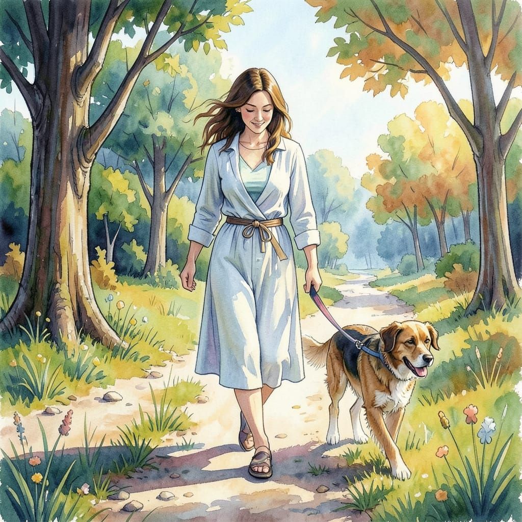 Abstract Mom Walking Dog in Complementary Colors