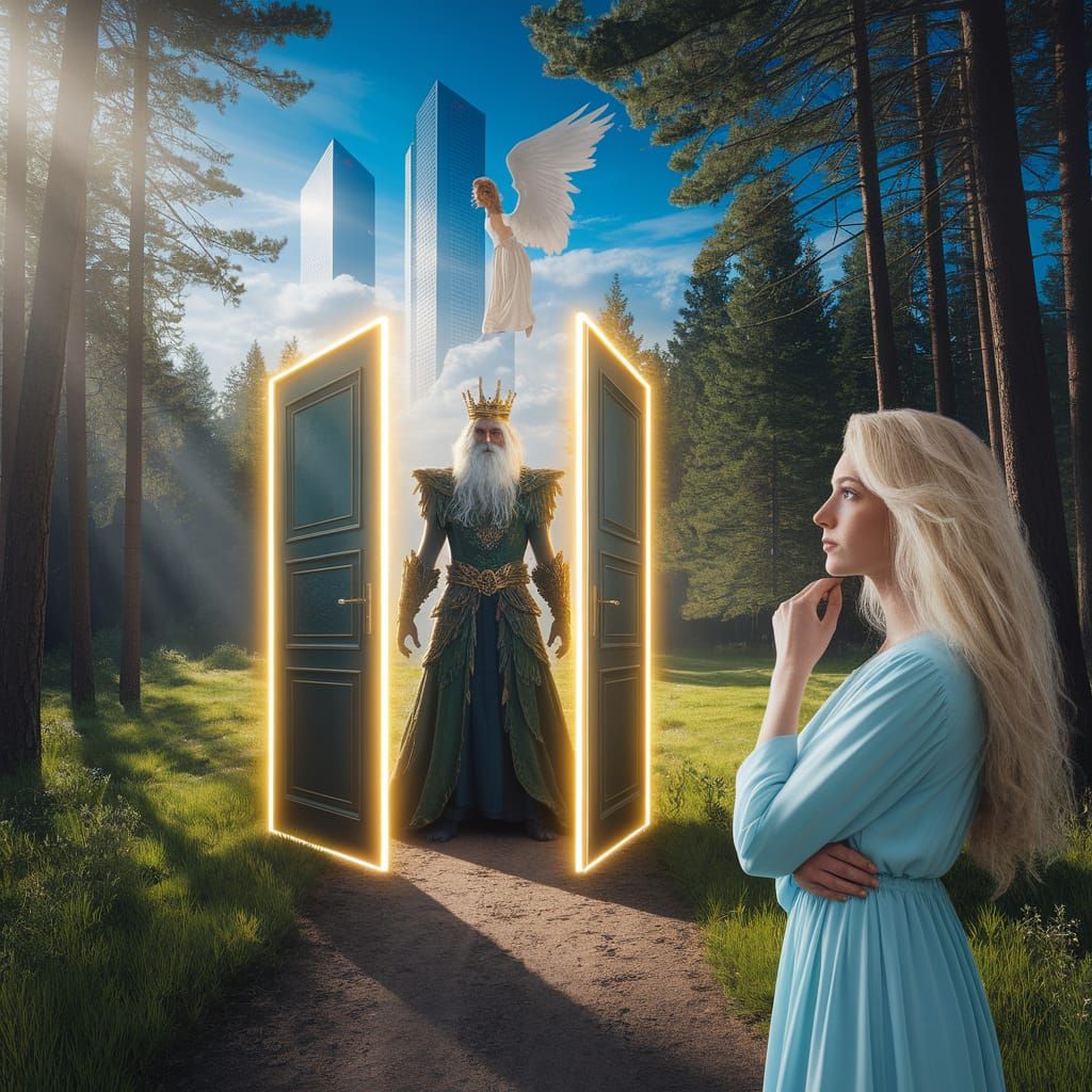 Mysterious Glowing Doors in Forest Clearing