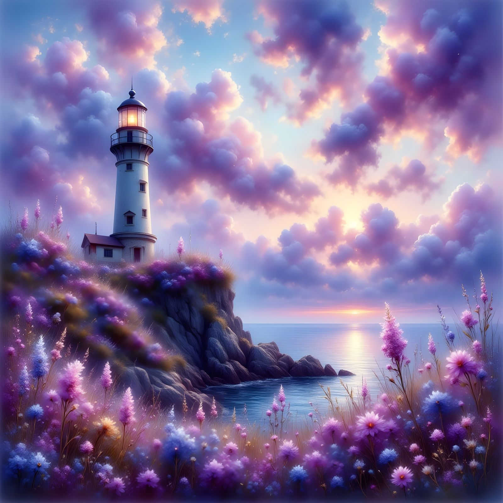 Ethereal Lighthouse at Dusk in Gouache Style
