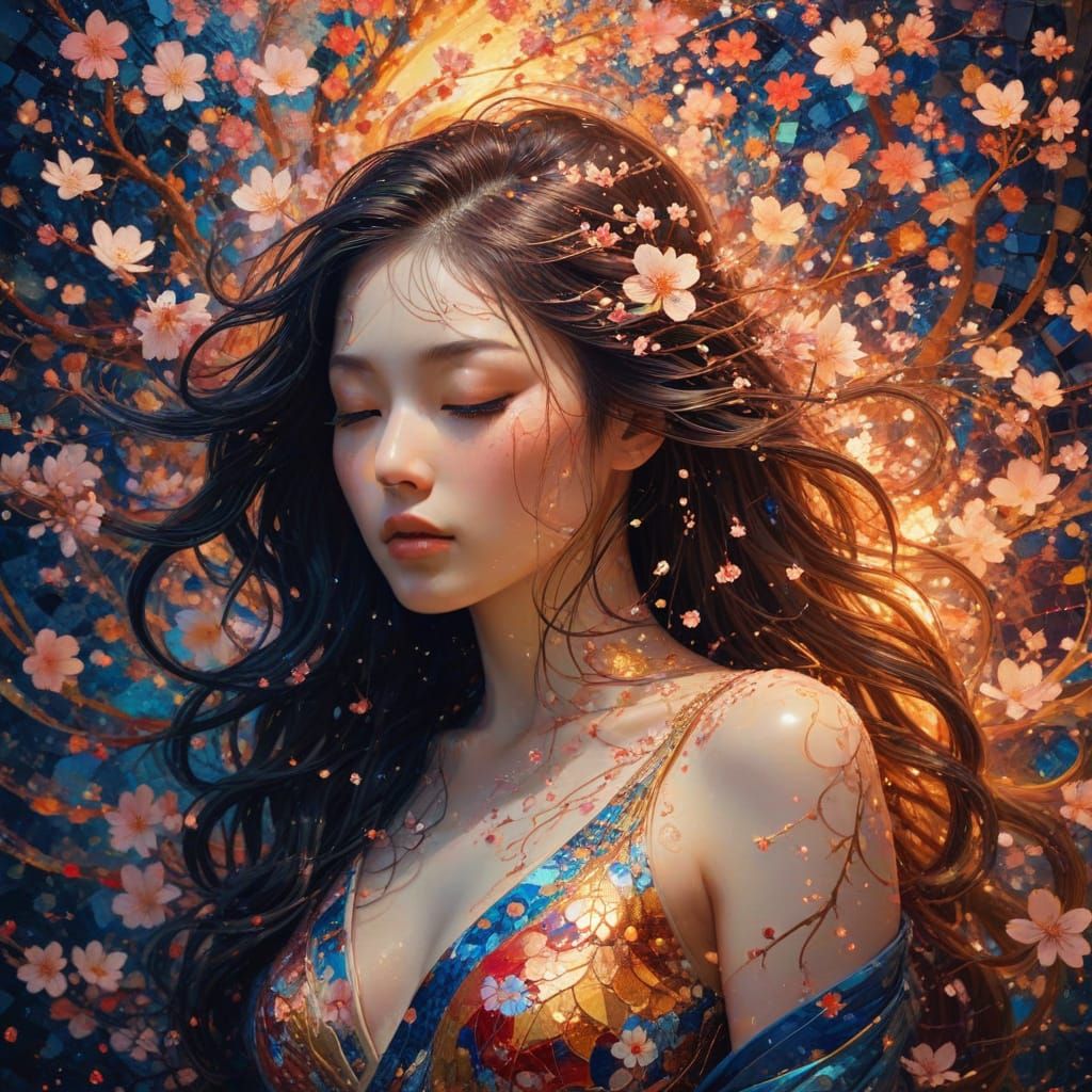 Serene Dream Goddess in Vibrant Mosaic Art