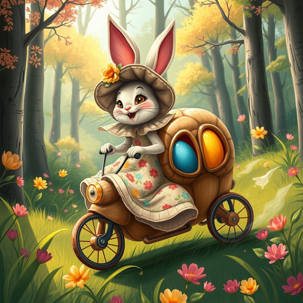 Joyful Easter Bunny Rides Vibrant Forest Car