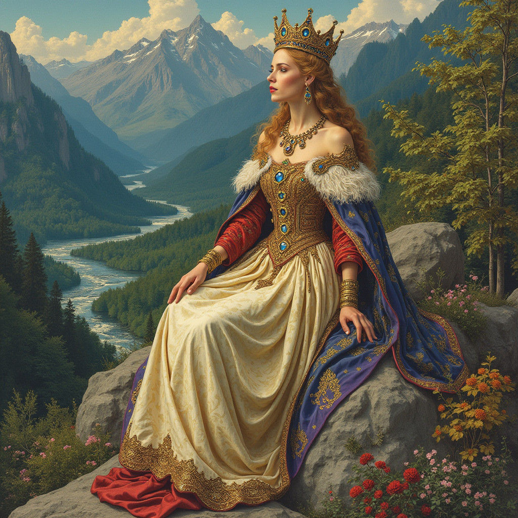 Regal Queen on Mountain in Illuminated Manuscript Style