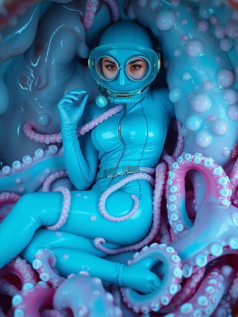 Woman in Latex Catsuit Submerged in Slime